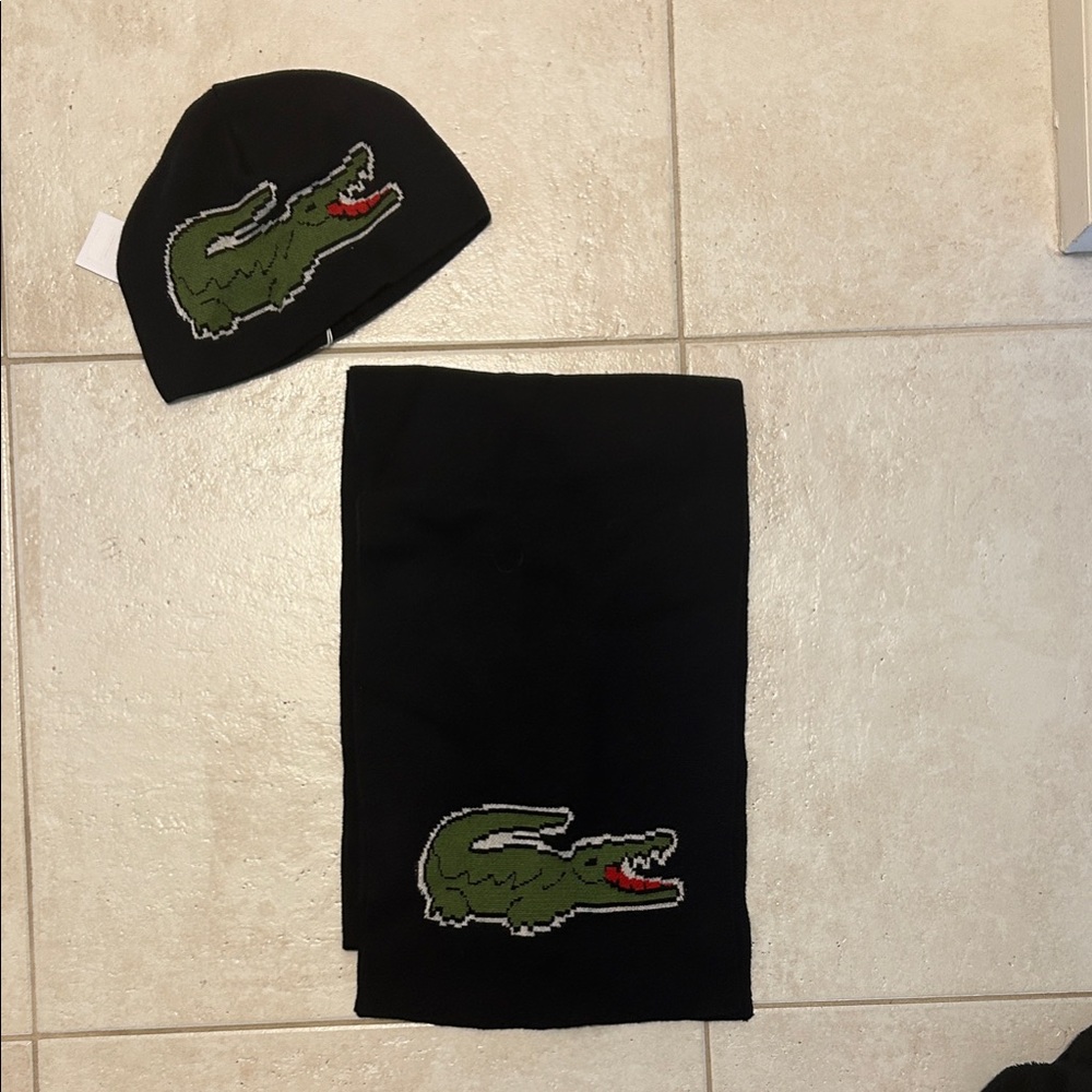 Black and Green Crocodile Beanie and Scarf Set